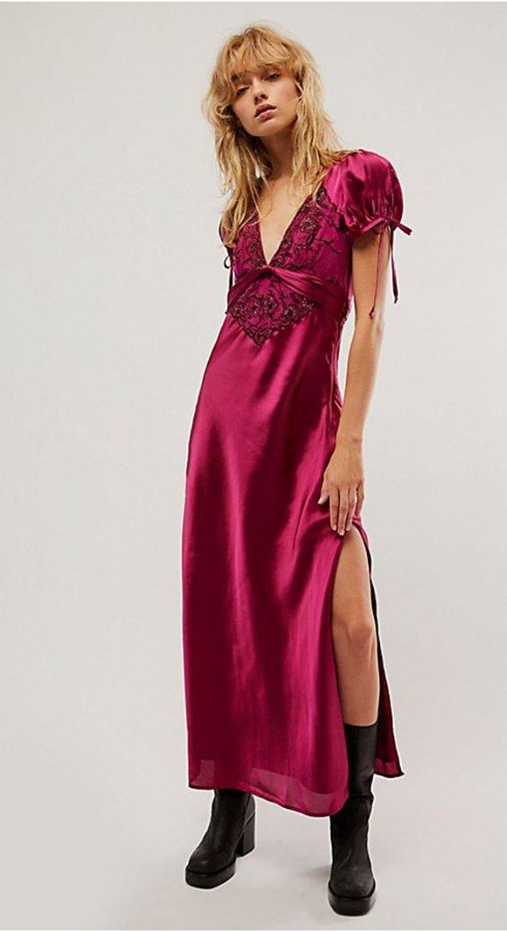 NEW FREE PEOPLE RASPBERRY COOPER EMBROIDERED SILKY MAXI DRESS SZ 10